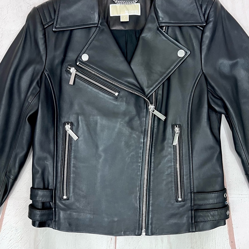 Michael Kors Quilted Leather Moto Jacket Asymmetrical Zip Buckle Genuine - Picture 16 of 16